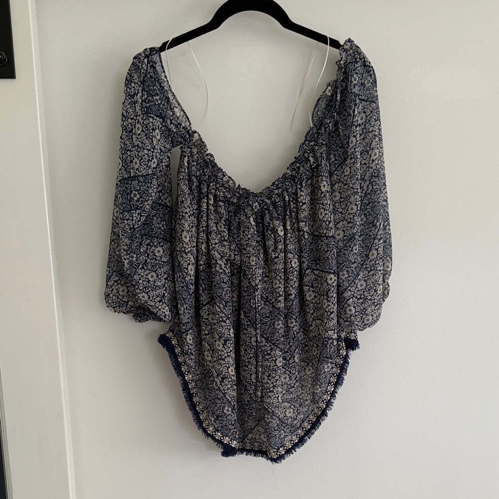 Misa Los Angeles Navy Floral Blouse off the shoulder
